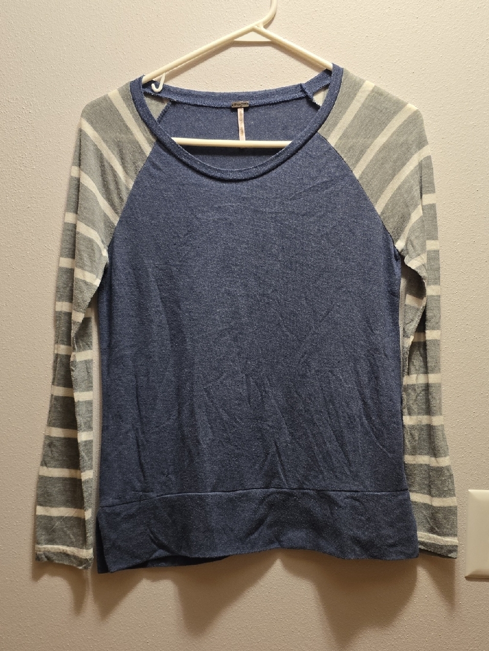 Poof! Blue Raglan Top with Gray Striped Sleeves